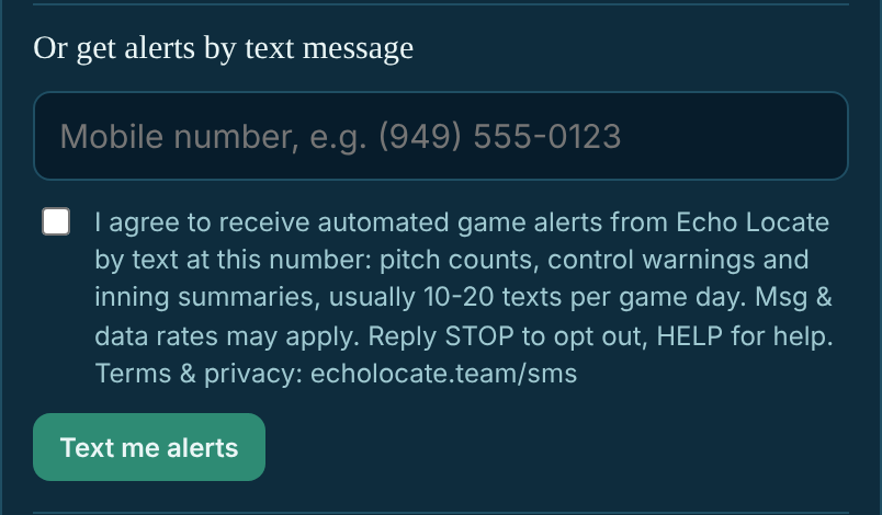 The Echo Locate text alert sign-up: name, mobile number, and a consent checkbox reading: I agree to receive automated game alerts from Echo Locate by text at this number. Msg and data rates may apply. Reply STOP to opt out, HELP for help.